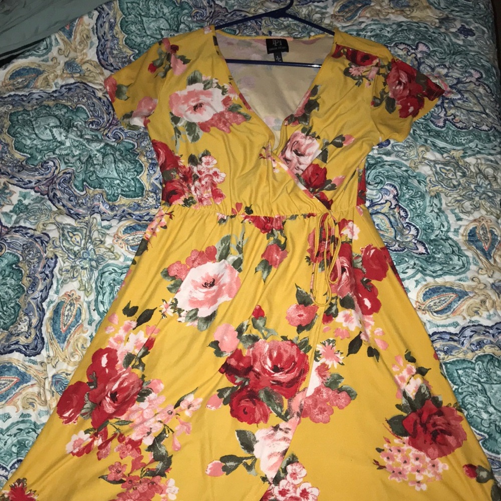 Yellow Rose Pattern Wrap Dress